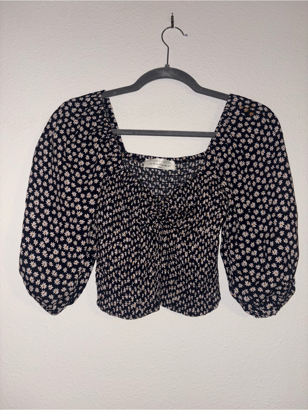 American Threads Black Floral Square-Neck Puff Sleeve Crop Top